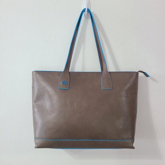 NWOT PIQUADRO Leather Tote Shoulder Shopping Bag Brown Blue